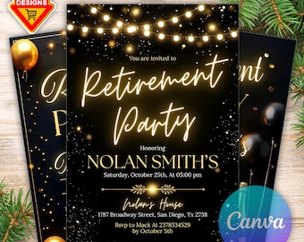 Editable Retirement Party Invitation Template, Retirement Dinner Elegant Black White Gold Sparkle Glitter, Retirement Party It's a Surprise