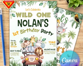 Editable Wild One Birthday Boy Invitation, EDITABLE Safari Animals Party Invite Template, Jungle Safari Theme First Birthday CANVA