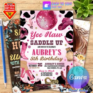 Bewerkbare roze cowgirl verjaardagsuitnodiging verjaardagsfeestje, Yee Haw Cowgirl Party, afdrukbare ruimte Cowgirl verjaardagsuitnodiging sjabloon, rodeo verjaardag