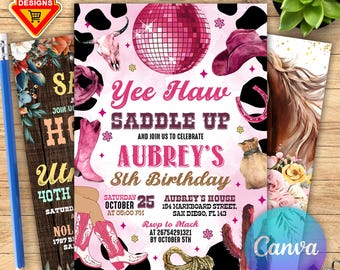 Editable Pink Cowgirl Birthday Party Invitation, Yee Haw Cowgirl Party, Printable Space Cowgirl Birthday Invitation Template, Rodeo Birthday