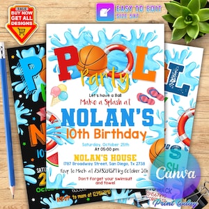 Convite para festa de aniversário na piscina de basquete editável, modelo instantâneo para download, festa esportiva infantil na piscina, festa de basquete, Baketball CANVA
