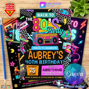 Editable 80s Birthday Party Invitation, All text is editable, Back To The 80s, Throwback Party, Neon Party, Glow Dance, 2000s Birthday