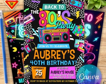 Editable 80s Birthday Party Invitation, All text is editable, Back To The 80s, Throwback Party, Neon Party, Glow Dance, 2000s Birthday