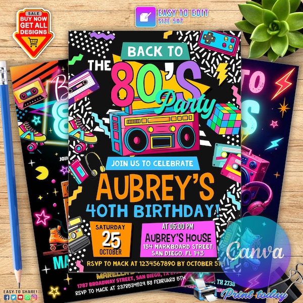 Editable 80s Birthday Party Invitation, All text is editable, Back To The 80s, Throwback Party, Neon Party, Glow Dance, 2000s Birthday