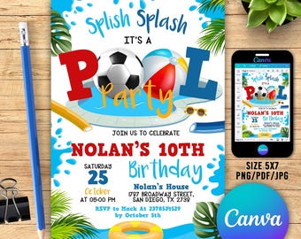 Soccer Pool Party Invitation, Boy Pool Party, Soccer and Pool Party Invite, Swimming Party, Instant Download, Editable Template CANVA