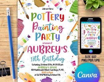May include: A colorful invitation for a pottery painting party for Aubrey's 10th birthday. The invitation features paintbrushes, paint tubes, and pottery. The text reads "Join us for a Pottery Painting Party in honor of Aubrey's 10th Birthday. Saturday, October 25th, at 05:00 pm. Aubrey's House, 154 Markboard Street, San Diego, FL 143. RSVP to Mack at 26754291321 by October 5th."