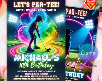 Invito di compleanno per minigolf, festa luminosa, invito per festa di golf per ragazzi e ragazze, invito per golf, festa di compleanno sportiva, andiamo a giocare a par, modificabile su Canva
