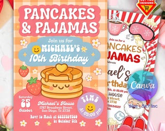 May include: A colorful invitation for a "Pancakes & Pajamas" birthday party, featuring a stack of pancakes with a smiling face, strawberries, and the text "Michael's 10th Birthday." Includes event details and a Canva link.