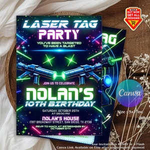 Editable Laser Tag Birthday Invitation, Laser Tag Party Invite Template, Neon Laser Party Invitation, Neon Glow Birthday Invitation