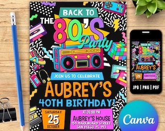 Editable 80s Birthday Party Invitation, All text is editable, Back To The 80s, Throwback Party, Neon Party, Glow Dance, 2000s Birthday