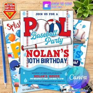 Invito per festa di compleanno in piscina a tema baseball, festa in piscina a tema baseball, festa di compleanno sportiva, invito a tema baseball, modello di invito modificabile Canva