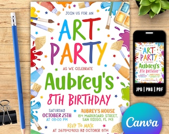 Puede incluir: Una invitación colorida para una fiesta de arte para celebrar el octavo cumpleaños de Aubrey. La invitación presenta pinceles, tubos de pintura y salpicaduras de pintura. El texto dice "Únete a nosotros para una fiesta de arte para celebrar el octavo cumpleaños de Aubrey".