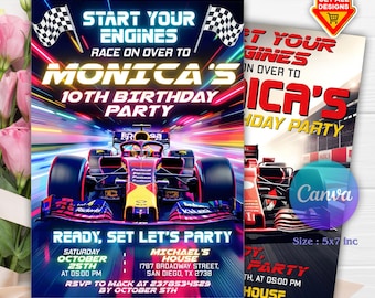 May include: A vibrant invitation for Monica's 10th birthday party, featuring a Formula 1 race car design. The invitation includes the text "Start Your Engines" and party details: Saturday, October 25th, at 05:00 PM, at Michael's House in San Diego, TX. Size: 5x7 inches.