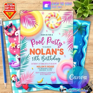 Editable Pool Invitation, Pool Party Birthday Invitation, Neon Glow Invitation, Tropical tie dye, Swimming Pool Party, Pool Party Invite