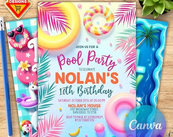 Editable Pool Invitation, Pool Party Birthday Invitation, Neon Glow Invitation, Tropical tie dye, Swimming Pool Party, Pool Party Invite