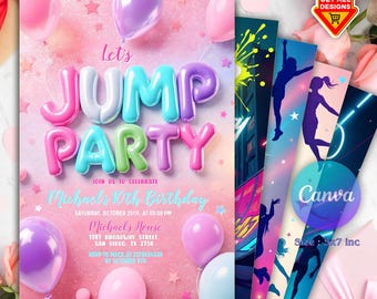 Invitación para fiesta de salto, invitación de cumpleaños para salto, fiesta de salto, invitación editable para salto, invitación para fiesta de trampolín, plantilla de Canva para salto
