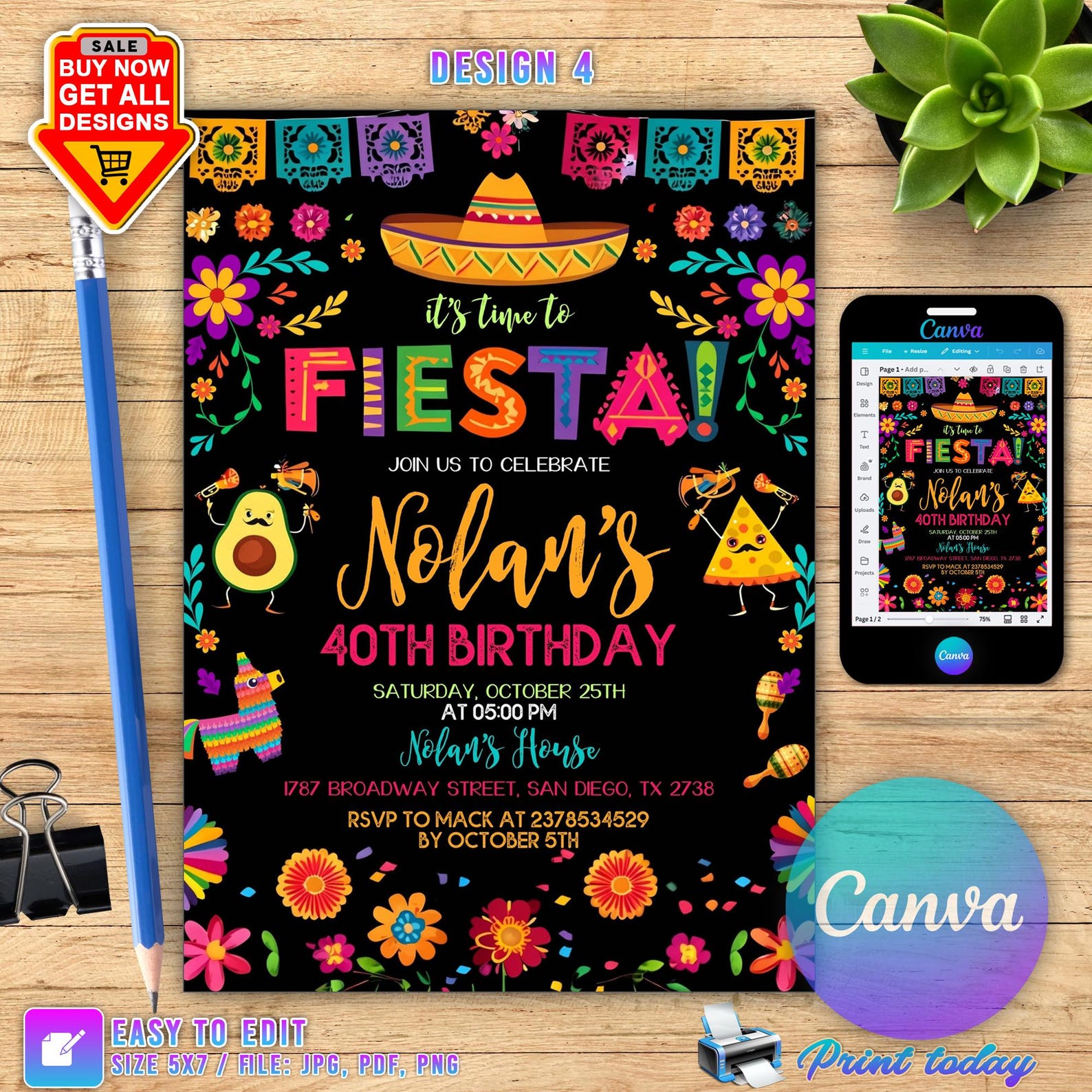 Fiesta Birthday Invitation, Mexican Theme Invitation, Fiesta Invitation ...