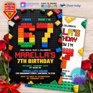 May include: A birthday party invitation with a black background and colorful building blocks forming the number 67. The invitation reads "Marella's 7th Birthday" with event details. Includes a "Sale" banner and social media icons.