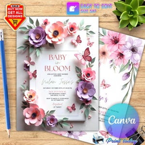 Baby in Bloom-Einladung, rosa, lila Schmetterlinge Wildblumen einladen Printable Baby in Bloom-Dusche, Schmetterling-Baby-Dusche-Einladung Mädchen