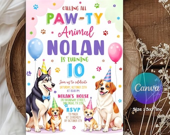 Invitación editable de cumpleaños de perro Let's Pawty, invitación para fiesta de cachorros, invitación de cumpleaños con temática de perro, descarga instantánea, fiesta de perritos para niños, animales, pata de perro