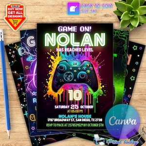 Video Game Birthday Invitation Template, Neon Glow, Kid Invite, Video Game Invitation, Boy Game Party, Boy Gamer Invitation, Editable Canva