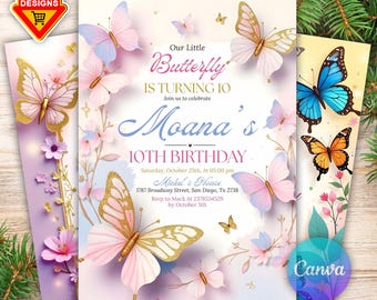 Editable Butterfly Birthday Invitation, Pink & Purple Butterfly Theme Party Invite, Instant Download Printable Template
