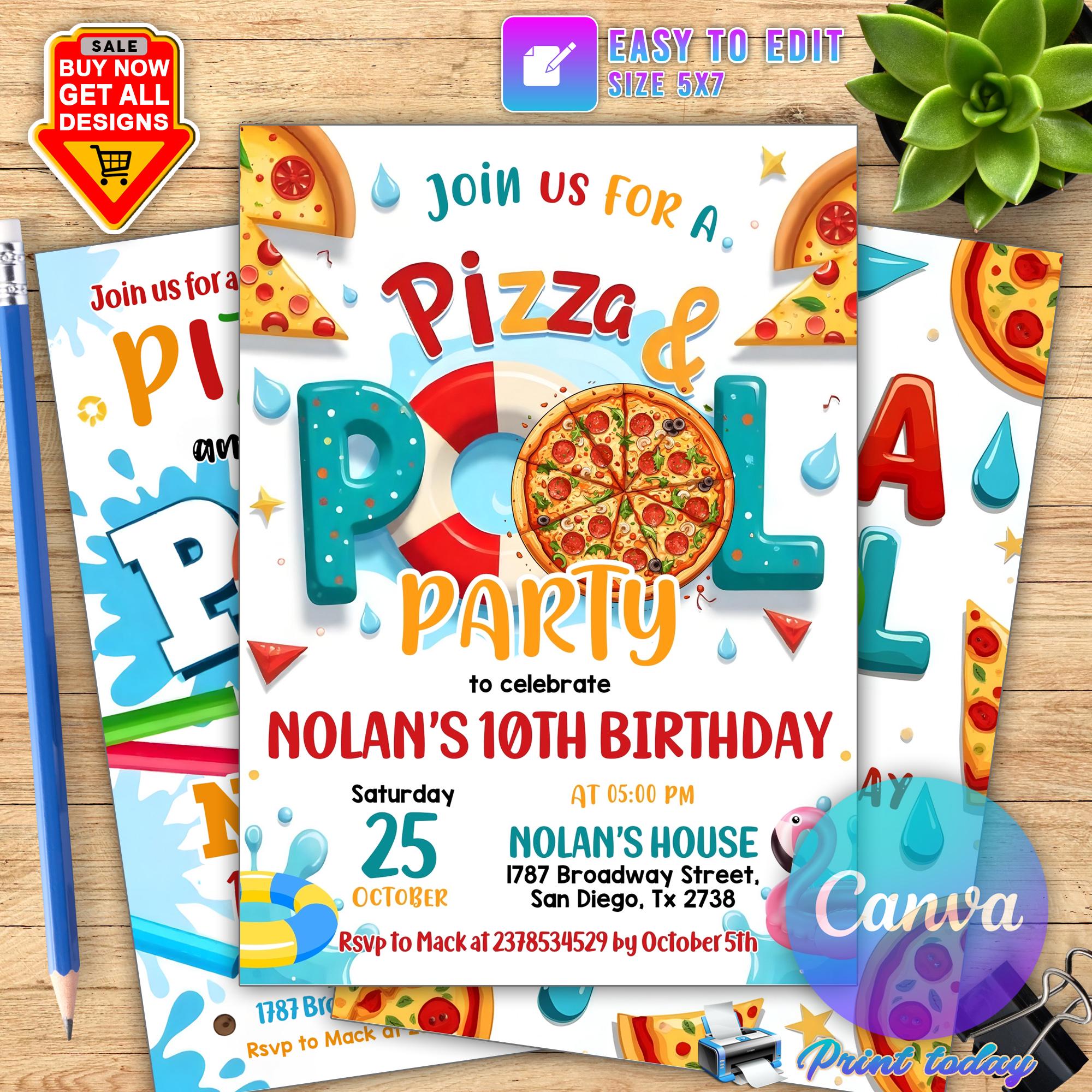 Editable Pizza Pool Party Invitation, Pizza Pool Party Birthday, Pizza and Pool Party Invite, Boy Pool Party, Pizza Swimming Party