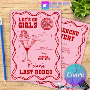 Last Rodeo Bachelorette Itinerary Template, Nashville Bachelorette Weekend Invite Template, Disco Cowgirl Bachelorette