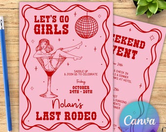 Last Rodeo Bachelorette Itinerary Template, Nashville Bachelorette Weekend Invite Template, Disco Cowgirl Bachelorette