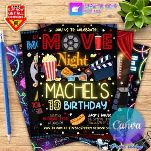 Invitación editable para una noche de cine, descarga instantánea, invitación para una noche de cine en el patio, invitación editable para una fiesta de pijamas, invitación para una fiesta de cumpleaños, CANVA
