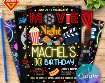 Invitation à une soirée cinéma modifiable, téléchargement immédiat, invitation à une soirée cinéma dans la cour, faire dormir la nuit, invitation à une fête d'anniversaire, toile modifiable