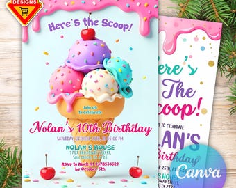 May include: An ice cream-themed birthday party invitation with the text "Here's the Scoop!" and "Nolan's 10th Birthday." The design features a colorful ice cream cone with sprinkles and a cherry on top, with a light blue background.