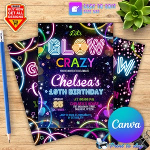 Bearbeitbare Glow Party Geburtstagseinladung, Glow Gender Neutral Einladungen, Glow Party Vorlage, Neon Party einladen, bearbeitbare Neon Glow Party Canva