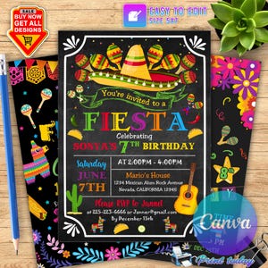 Fiesta Birthday Invitation, Fiesta Invitation, Mexican Theme Invitation, Mexican Papel Birthday Invite, Editable Invitation Template Canva