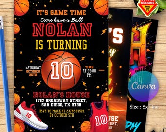 Invito di compleanno modificabile a tema basket, invito di compleanno per festa sportiva, tema sportivo, festa di compleanno per bambini, inviti stampabili a tema basket