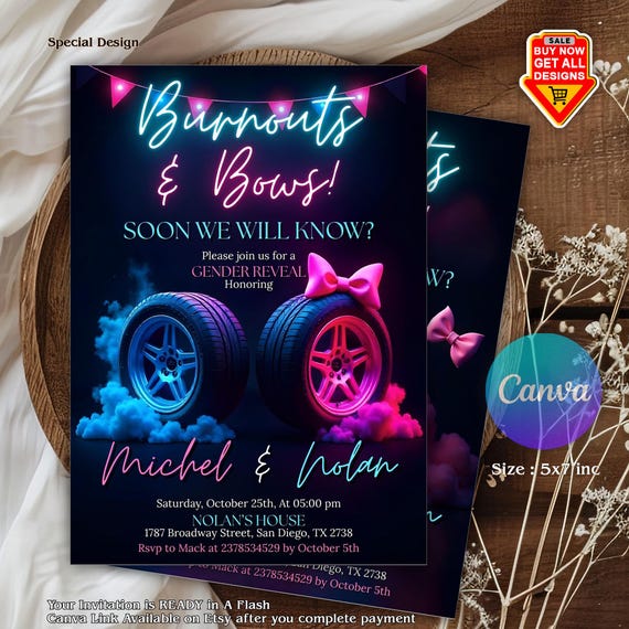Burnouts or Bows Gender Reveal Baby Shower Invitation, Boy or Girl, He or She Gender Reveal Invite, Burnouts or Bows invitation Digital
