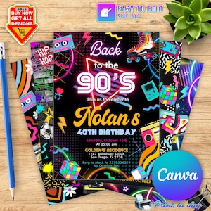 Invito per festa di compleanno anni '90 modificabile Ritorno agli anni '90 Festa al neon bagliore danza discoteca Anni 2000 compleanno Anni '90 download immediato CANVA
