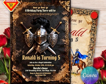 May include: A birthday party invitation with a medieval theme. The invitation features a knight's helmet, swords, and shields. The text reads "Ronald is Turning 5" and includes party details. The design is framed with ornate borders.