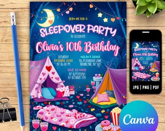 Editable Sleepover Birthday Invitation, Neon Sleepover Invite, Slumber Party, Pajama Party, Sleepover Birthday Invite, Canva
