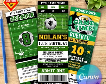 May include: Green and yellow printable soccer-themed birthday party invitation with a ticket design. It's Game Time! Brandon is turning 8. Nolan's 10th Birthday. Roberto is turning 10.  RSVP to Mack at 2378534529 by October 5th. Wear your favorite sport gear.