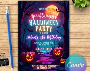 Editable Neon Halloween Birthday Invitation, Halloween Invitation, Kids Halloween Birthday, Halloween Spooky Party Invite, Glow Halloween