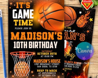 バスケットボールの誕生日招待状、スポーツの誕生日招待状、スポーツテーマ、子供の誕生日パーティー、印刷可能なバスケットボール招待状、編集可能なCanva