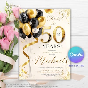 May include: A birthday invitation with a cream background, gold accents, and black and gold balloons. The text reads "Cheers to 50th Years!" and includes event details. The invitation is 12.7 x 17.8 cm.