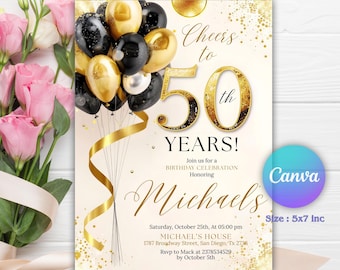 50th Birthday Invitation for Him, 50th Invite Template Evite, Editable Canva Template, Black and Gold Balloon Birthday Party Invitation