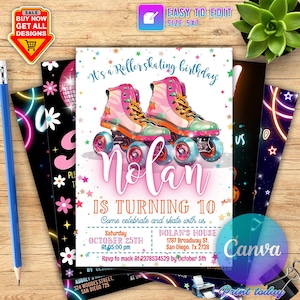 Invitation de fête d'anniversaire modifiable pour le 8e anniversaire de patinage à roulettes Rollin' into Eight Neon Glow Roller Rink Discothèque Téléchargement instantané CANVA