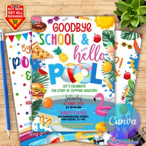 Bearbeitbares Ende der Schulparty Schulen, Partyeinladung, bearbeitbare Schule für Sommerparty einladen, Einladung zum Schulende