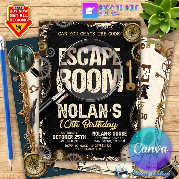 Editable Escape Room Invitation, Mystery Birthday Party Invite, Kids Escape Room Birthday Party, Detective Game Night, Digital CANVA