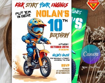 Pode incluir: Um convite de aniversário com uma ilustração de desenho animado de uma criança em uma moto off-road laranja. O convite inclui o texto "Kick Start Your Engines" e "10º Aniversário de Nolan" com detalhes do evento. O convite tem 12,7 x 17,8 cm.