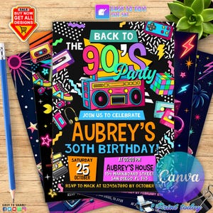Bewerkbare uitnodiging jaren 90 verjaardagsfeestje, alle tekst is bewerkbaar, terug naar de jaren 90, throwback party, neonfeest, glow dance, verjaardag jaren 2000