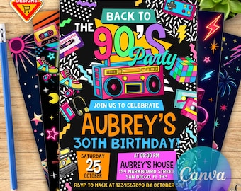 Editable 90s Birthday Party Invitation, All text is editable, Back To The 90s, Throwback Party, Neon Party, Glow Dance, 2000s Birthday